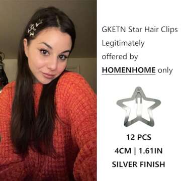 GKETN 12 PCS 1.61" Star Hair Clips Snap Hair Barrettes Non Slip Star Hair Accessories Women 2000s Y2K Silver Metal Hair Clips