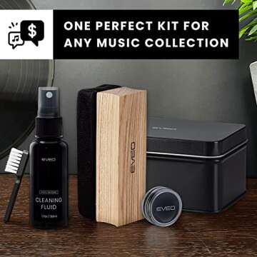 EVEO Premium Vinyl Record Cleaner Kit - Complete 4-in-1 Vinyl Cleaning Kit for Albums - Includes Soft Velvet Brush, Cleaning Liquid, Duster & Stylus Cleaning Gel