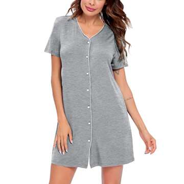 SWOMOG Women's Button Down Nightgown Short Sleeve Nightshirt V-Neck Sleepwear Boyfriend Sleepshirt Pajama Dress Light Grey