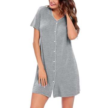 SWOMOG Women's Button Down Nightgown Short Sleeve Nightshirt V-Neck Sleepwear Boyfriend Sleepshirt Pajama Dress Light Grey