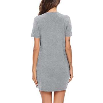 SWOMOG Women's Button Down Nightgown Short Sleeve Nightshirt V-Neck Sleepwear Boyfriend Sleepshirt Pajama Dress Light Grey