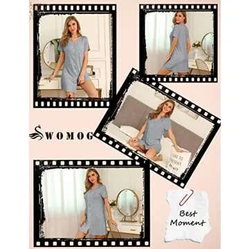 SWOMOG Women's Button Down Nightgown Short Sleeve Nightshirt V-Neck Sleepwear Boyfriend Sleepshirt Pajama Dress Light Grey