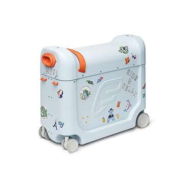 JetKids by Stokke BedBox, Blue Sky - Kid's Ride-On Suitcase & In-Flight Bed - Help Your Child Relax & Sleep on the Plane - Approved by Many Airlines - Best for Ages 3-7