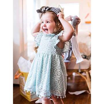 2Bunnies Girl Baby Toddler Vintage Lace Pom Pom Flutter Sleeve Easter Birthday Outfit Dress (Mint, 2T)