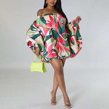 Tinodu Women's Sexy Long Batwing Sleeve Off Shoulder Mini Dress Floral Printed Bubble Short Shirts Dresses Boho Loose