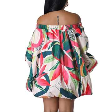 Tinodu Women's Sexy Long Batwing Sleeve Off Shoulder Mini Dress Floral Printed Bubble Short Shirts Dresses Boho Loose