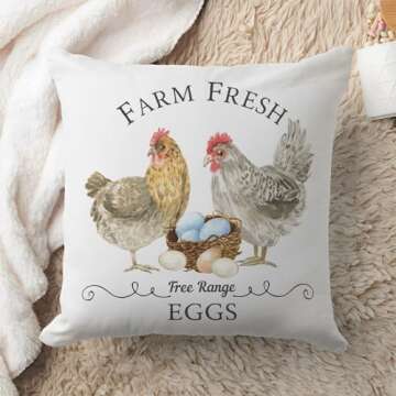 PreLiving Farm Fresh Free Range Eggs Pillow Cover - Rustic Chicken and Egg Basket Design, Country Ki...