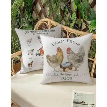 PreLiving Farm Fresh Free Range Eggs Pillow Cover - Rustic Chicken and Egg Basket Design, Country Kitchen Decorative Cushion Case 18x18 Inches for Home, Couch, Bed, Farmhouse Decor