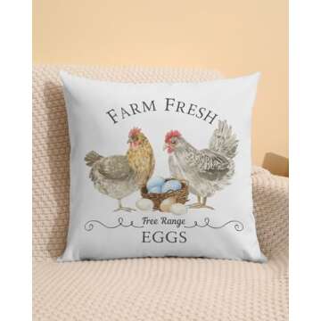 PreLiving Farm Fresh Free Range Eggs Pillow Cover - Rustic Chicken and Egg Basket Design, Country Kitchen Decorative Cushion Case 18x18 Inches for Home, Couch, Bed, Farmhouse Decor