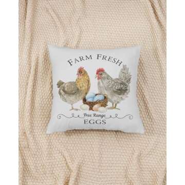 PreLiving Farm Fresh Free Range Eggs Pillow Cover - Rustic Chicken and Egg Basket Design, Country Kitchen Decorative Cushion Case 18x18 Inches for Home, Couch, Bed, Farmhouse Decor
