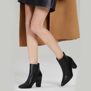 Rollda Women's Pointed Toe Ankle Boots Chunky High Heel Ankle Booties Side Zipper Short Boots Black PU Size 8.5