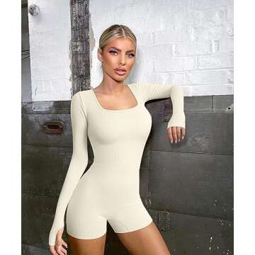 TOB Women's Yoga Rompers Workout Ribbed Long Sleeve Square Neck Sport Jumpsuits Rompers Beige