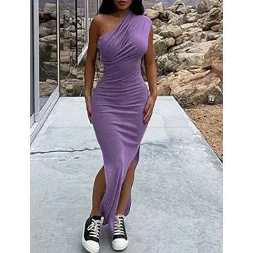 Women One Shoulder Maxi Dress Sleeveless Ruched Bodycon Long Dress Ribbed Side Split Party Sundress Purple M
