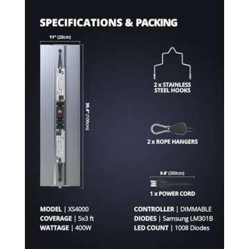 VIPARSPECTRA XS4000 LED Grow Light 400 watt with Samsung LM301B Diodes & MeanWell Driver, Dimmable Full Spectrum Plant Grow Lights for Indoor Plants Veg and Bloom for 5x3/4x4 Grow Tent, White