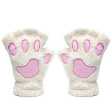 Odema Womens Bear Plush Cat Paw Claw Glove Soft Winter Fingerless Mitten Gloves