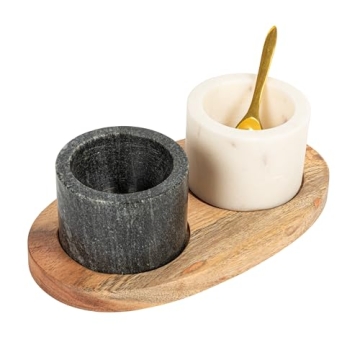 Creative Co-Op 2 Marble Bowls on Mango Wood Base with Salt Spoon
