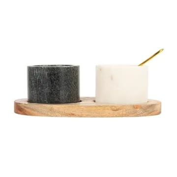 Creative Co-Op 2 Marble Bowls on Mango Wood Base with Salt Spoon