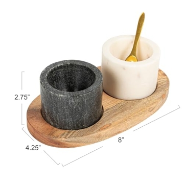Creative Co-Op 2 Marble Bowls on Mango Wood Base with Salt Spoon