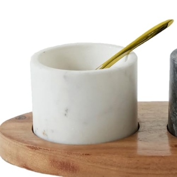 Creative Co-Op 2 Marble Bowls on Mango Wood Base with Salt Spoon