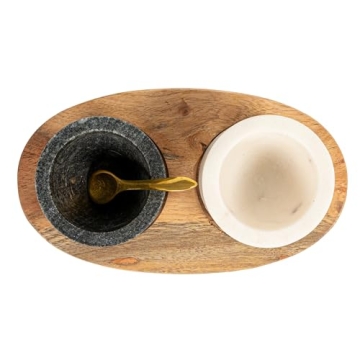 Creative Co-Op 2 Marble Bowls on Mango Wood Base with Salt Spoon