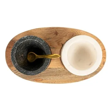 Creative Co-Op 2 Marble Bowls on Mango Wood Base with Salt Spoon
