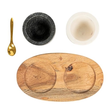 Creative Co-Op 2 Marble Bowls on Mango Wood Base with Salt Spoon