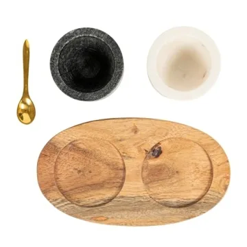 Creative Co-Op 2 Marble Bowls on Mango Wood Base with Salt Spoon