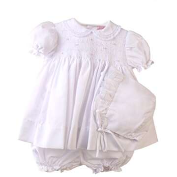 Petit Ami White Smocked Panty Dress with Bonnet (Preemie) - Baby Girls Newborn Dress - Infant and To...