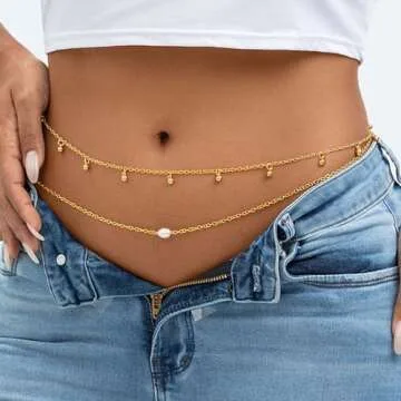 Wriidy Layered Beads Waist Chain Multilayer Bead Belly Chain Pearl Body Jewelry Accessories for Women (Gold/Silver) (Gold-fit for 27-31 inch waist)