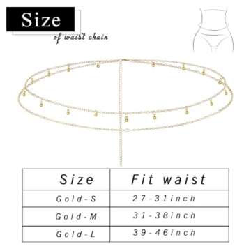 Wriidy Layered Beads Waist Chain Multilayer Bead Belly Chain Pearl Body Jewelry Accessories for Women (Gold/Silver) (Gold-fit for 27-31 inch waist)