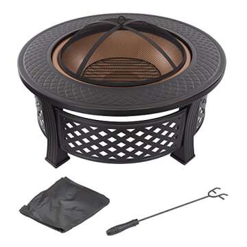Fire Pit - 32-Inch Outdoor Fireplace with Spark Screen, Poker, and Cover - Wood-Burning Fire Pit for...