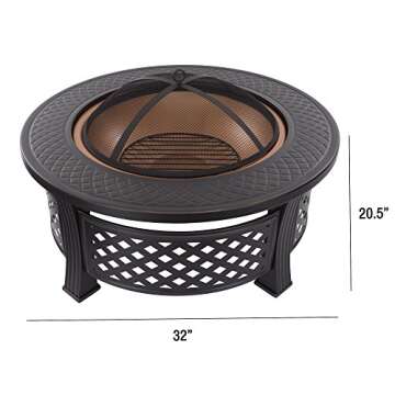 Fire Pit - 32-Inch Outdoor Fireplace with Spark Screen, Poker, and Cover - Wood-Burning Fire Pit for Yard, Patio, or Camping by Pure Garden (Bronze)