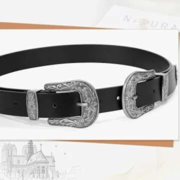 WHIPPY Vintage Western Leather Belt for Women Double Buckle Retro Cowgirl Waist Belts for Jeans Pant...
