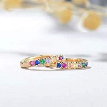 VALLOEY ROVER 14K Gold Plated Huggie Hoop Earrings for Women Rainbow Cubic Zirconia Huggie Hoops Jewelry Gift