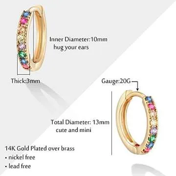 VALLOEY ROVER 14K Gold Plated Huggie Hoop Earrings for Women Rainbow Cubic Zirconia Huggie Hoops Jewelry Gift