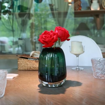 Relexome Dark Green Glass Flower Vase for Home Decor