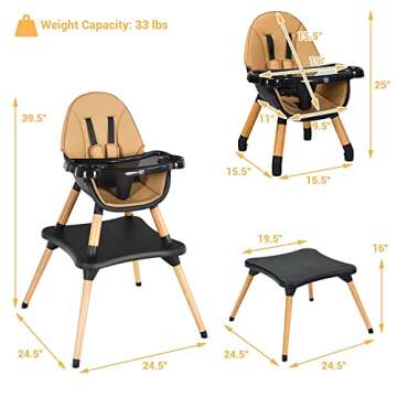 HONEY JOY Baby High Chair, 5-in-1 Convertible Wooden Highchair for Babies and Toddlers/Table and Chair Set/Toddler Chair with Safety Harness, 4-Position Removable Feeding Tray (Coffee)
