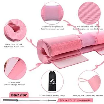 ATENTO Barbell Pad Squat Pad, Squats Hip Thrusts Bar Neck Pads Workout Foam Barbell Pad with 2 Gym Ankle Straps 1 Hip Resistance Band 1 Fitness Weight Lifting Belt and 1 Carry Bag (Pink)