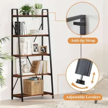 Industrial 5-Tier Ladder Shelf Bookcase for Home & Office