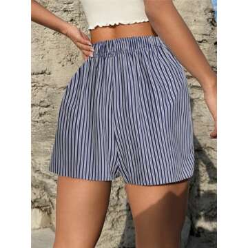 OYOANGLE Women's Summer Casual Striped Print Elastic Waist Mid Rise Straight Leg Shorts Navy Blue M