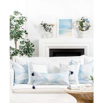 Hofdeco Premium Coastal Patio Indoor Outdoor Long Lumbar Pillow Cover Only, 12"x26" Water Repellent for Backyard, Couch, Baby Blue Palm Leaf with Tassels