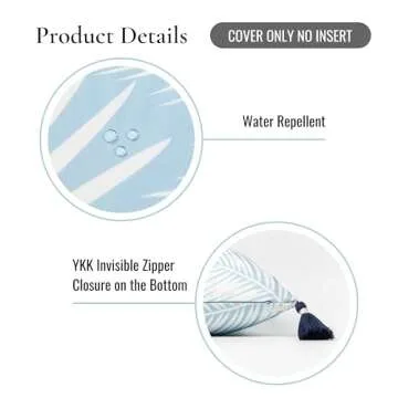Hofdeco Premium Coastal Patio Indoor Outdoor Long Lumbar Pillow Cover Only, 12"x26" Water Repellent for Backyard, Couch, Baby Blue Palm Leaf with Tassels