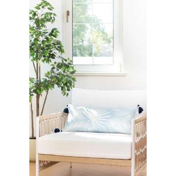Hofdeco Premium Coastal Patio Indoor Outdoor Long Lumbar Pillow Cover Only, 12"x26" Water Repellent for Backyard, Couch, Baby Blue Palm Leaf with Tassels