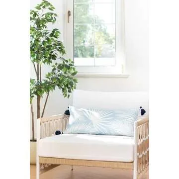 Hofdeco Premium Coastal Patio Indoor Outdoor Long Lumbar Pillow Cover Only, 12"x26" Water Repellent for Backyard, Couch, Baby Blue Palm Leaf with Tassels