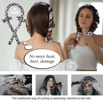 Heatless Curling Rod Headband, IENIN No Heat Hair Curlers to Sleep in Curl Ribbon with Scrunchies Hair Clips Overnight Hair Curlers for Women Long Hair Styling Tools(Black White Leopard)