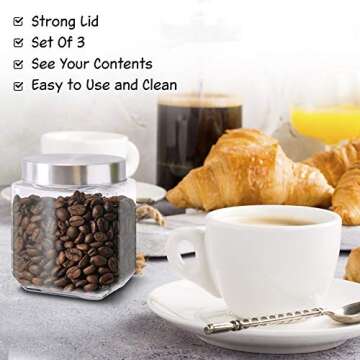 Food Storage Containers – Set of 3 Glass Jars with Stainless Steel Lids – Square Glass Containers for Coffee, Spices, Beans and Food – Reinforced Lid for Secure Closure – 40oz
