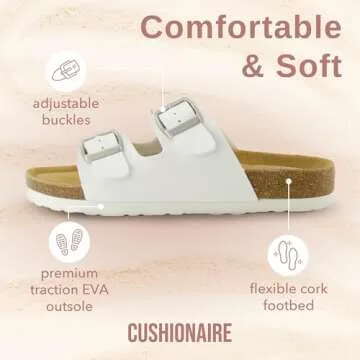 CUSHIONAIRE Lane Cork Footbed Sandals for Women – Comfortable Double Buckle Slip-On with Genuine Suede Footbed & Arch Support Slides for Women Footwear, WHITE 11