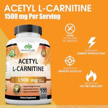Acetyl L-Carnitine 1,500 mg High Potency Supports Energy Production, Sports Nutrition, Supports Memory/Focus - 100 Veggie Capsules