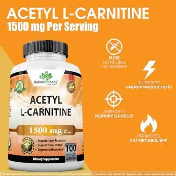 Acetyl L-Carnitine 1,500 mg High Potency Supports Energy Production, Sports Nutrition, Supports Memory/Focus - 100 Veggie Capsules