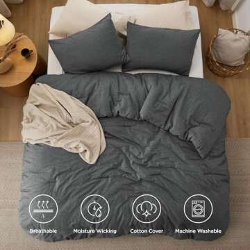Bedsure Comforter Set King Size - Cotton Fabric with Microfiber Inner Fill, Dark Grey Soft Bed Set for All Seasons, 3 Pieces, 1 Comforter (104" x 90") and 2 Pillow Cases (20" x 36")
